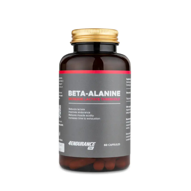 4Endurance Pro Beta-alanine - 60 capsules pack, white bottle with black cap and red-highlighted label on white background.