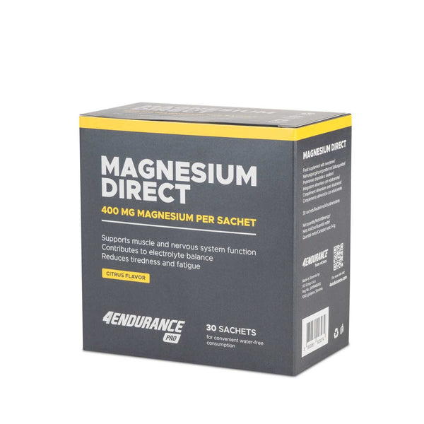 4Endurance Pro Magnesium Direct - 30 x 400mg Citrus flavor, black box with written benefits and a yellow band at the top