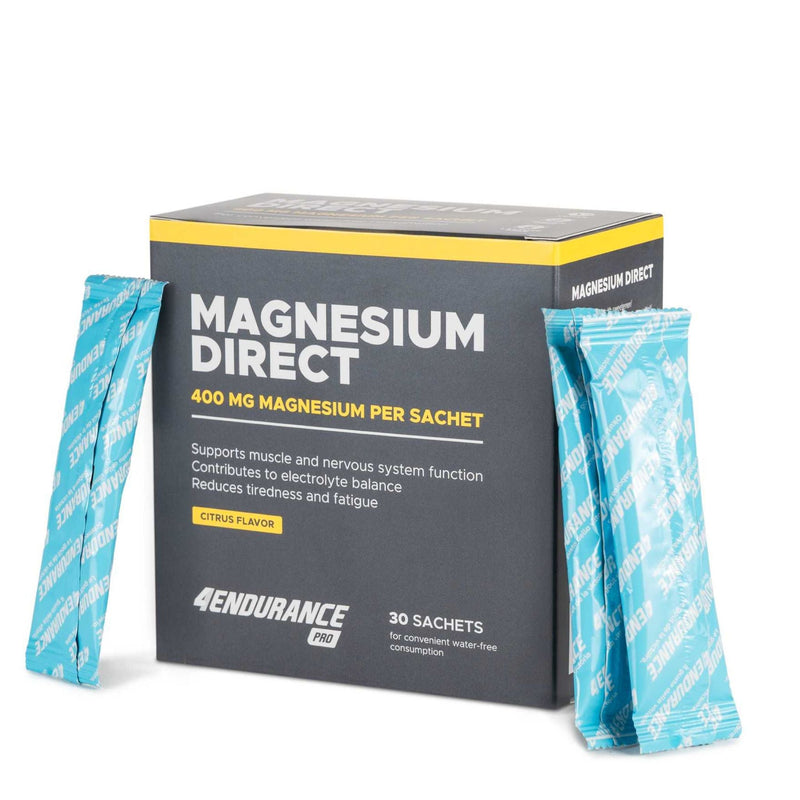 4Endurance Pro Magnesium Direct - 30 x 400mg Citrus flavor, black box with written benefits and a yellow band at the top